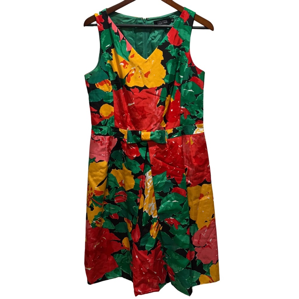 Teri Jon Rickie Freeman Floral Print V Neck Sleeveless‎ Bow Waist Dress Size 12